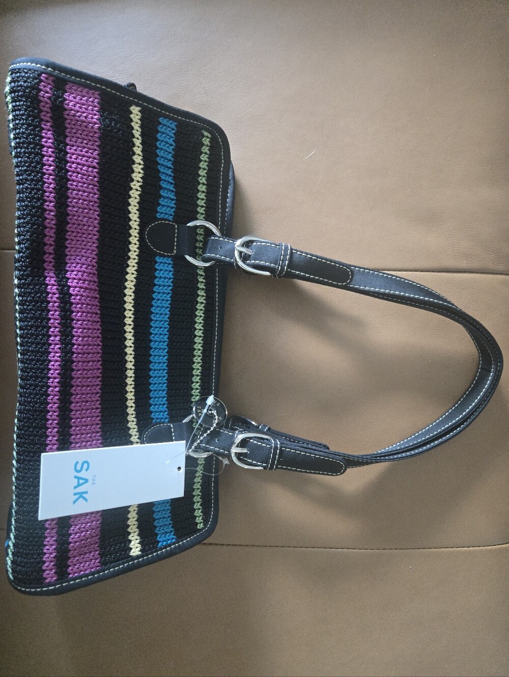 NWT The Sak Modern Classics Crochet Stripe Shoulder Bag Black Multicolor Boho